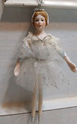 Vintage Porcelain Head And Arms Ballerina In White/Silver Dress 7'' Tall Preowned