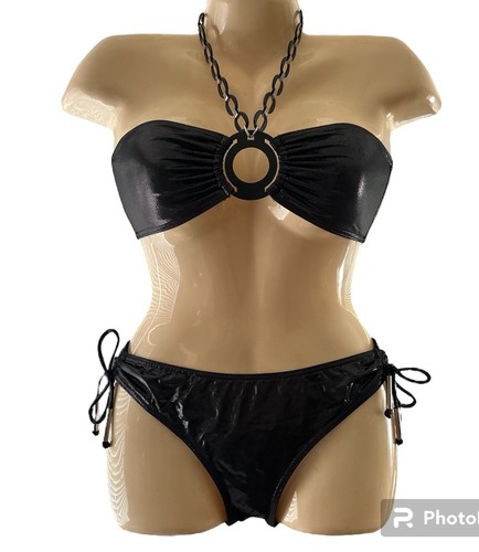 Victoria's Secret 水着 シンプルブラック Victorias Secret Shiny Black Chrome Metallic 2 Piece Swim