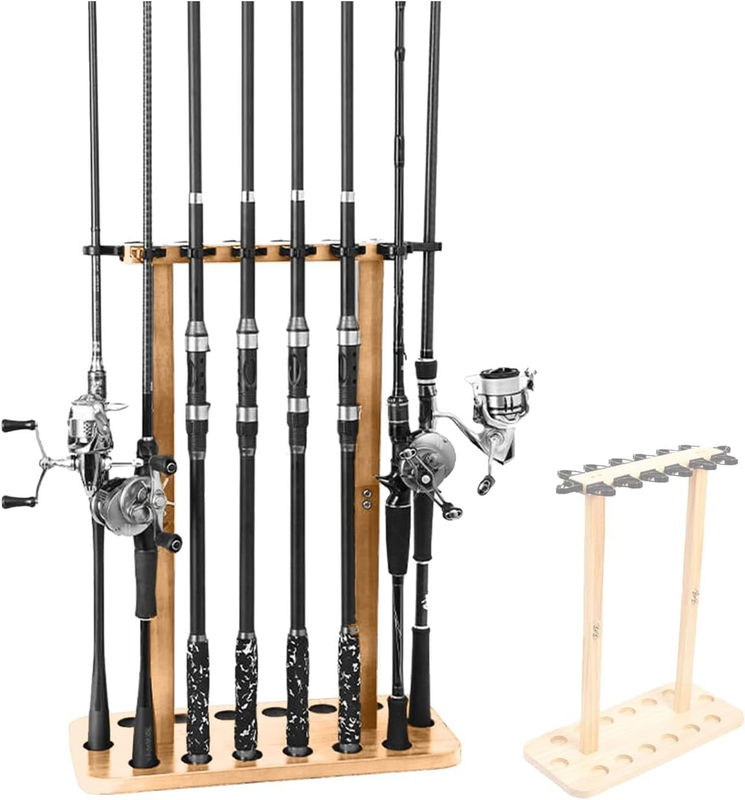 Wooden Fishing Rod Storage Rack, Floor Stand Organiser, Holds 14+ Rods and Reels