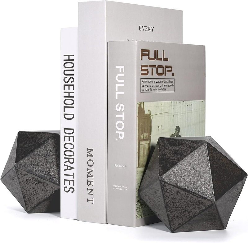 Geometric Decorative Ball Shaped Bookends, Modern Cast Iron Black Bookends for O