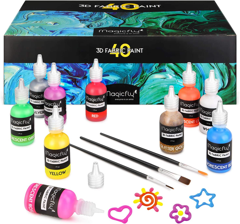 3D Fabric Permanent Paint 40 Color Puffy Paint with Vibrant Colors 3 Bonus Br...