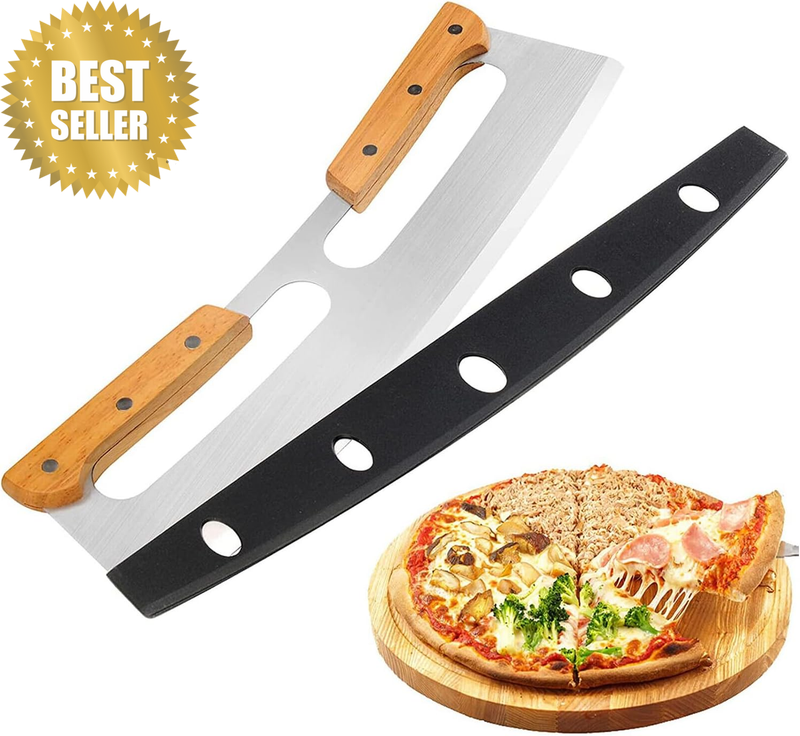 35CM Pizza Cutter Rocker, Stainless Steel Blade Knife with Wooden Handle & Prote