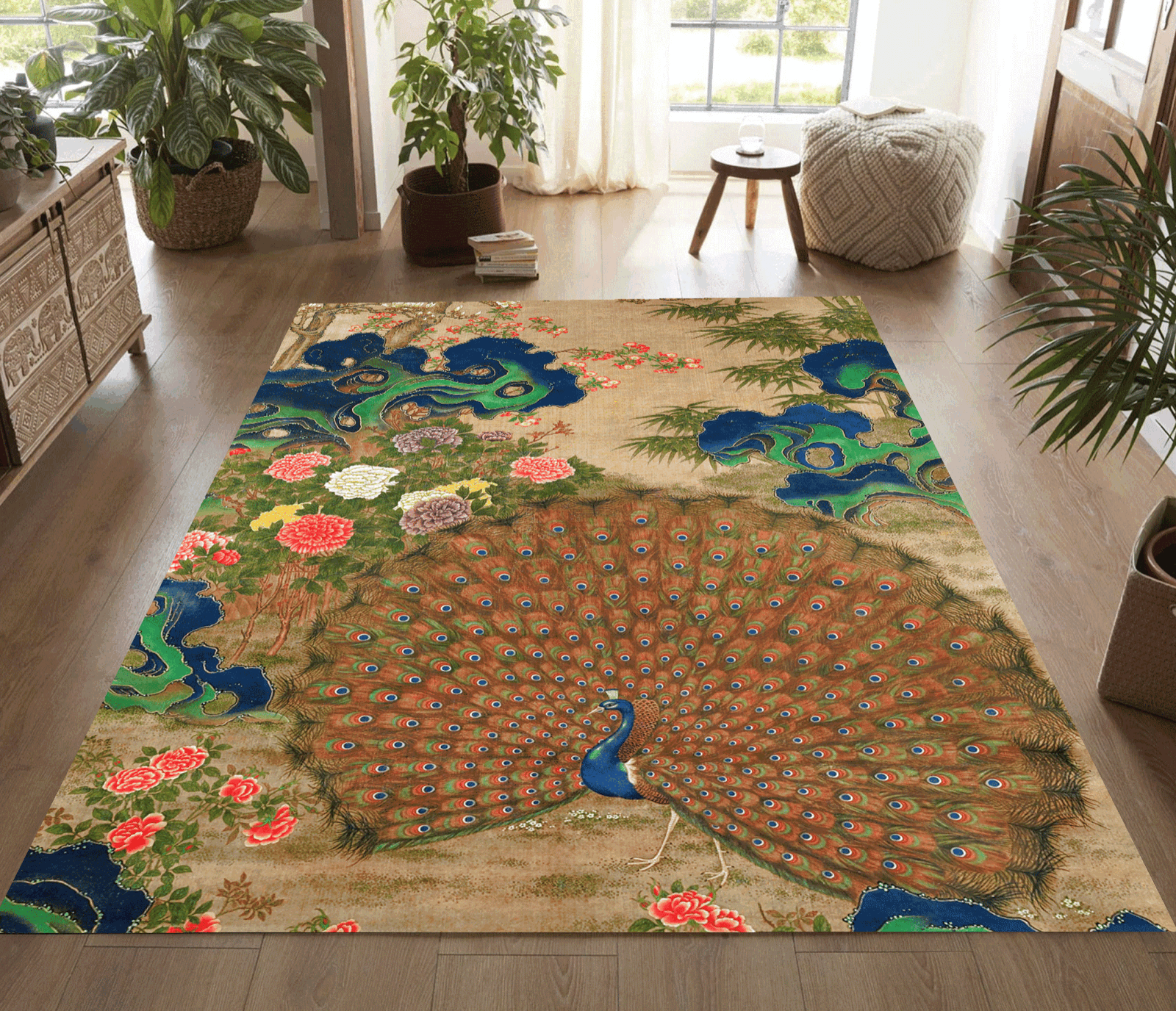 Peacock Art Deco Area Rug Art Nouveau Vintage Baroque French