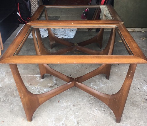 Mid Century Modern Walnut & Glass Side Tables By Lane