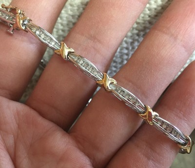 10k 2Tone Gold Natural Diamond Tennis Link Bracelet Anniversary Gift
