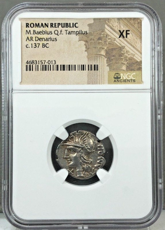 Roman Republic M. Baebius Q.f. Tampilus c.137 BC AR Denarius Ancient Coin NGC XF