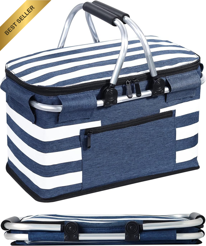 Insulated Picnic Basket,Portable Collapsible Cooler Bag, 26L Grocery Basket with