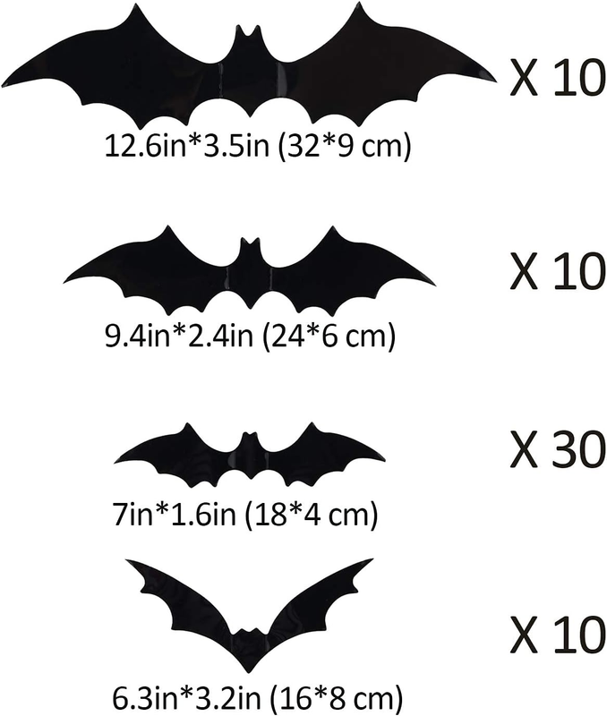 Halloween 3D Bats Decoration 60pcs, 4 Different Sizes PVC Scary Black Bat Sticke
