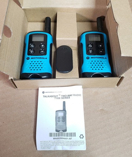 Motorola Talkabout T100 Two-Way Radios Neon Blue 2 Pack Walkie Talkie 22 Channel