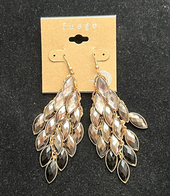E6511 UNIQUE GOLD TONE METAL CLEAR GEMSTONE DANGLE HOOK EARRINGS