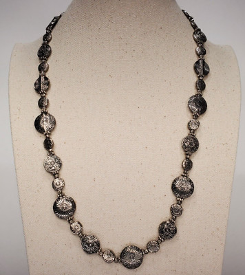 VTG Boho Antique Long Statement Necklace Carved Etched Oval Dark Metal Coins