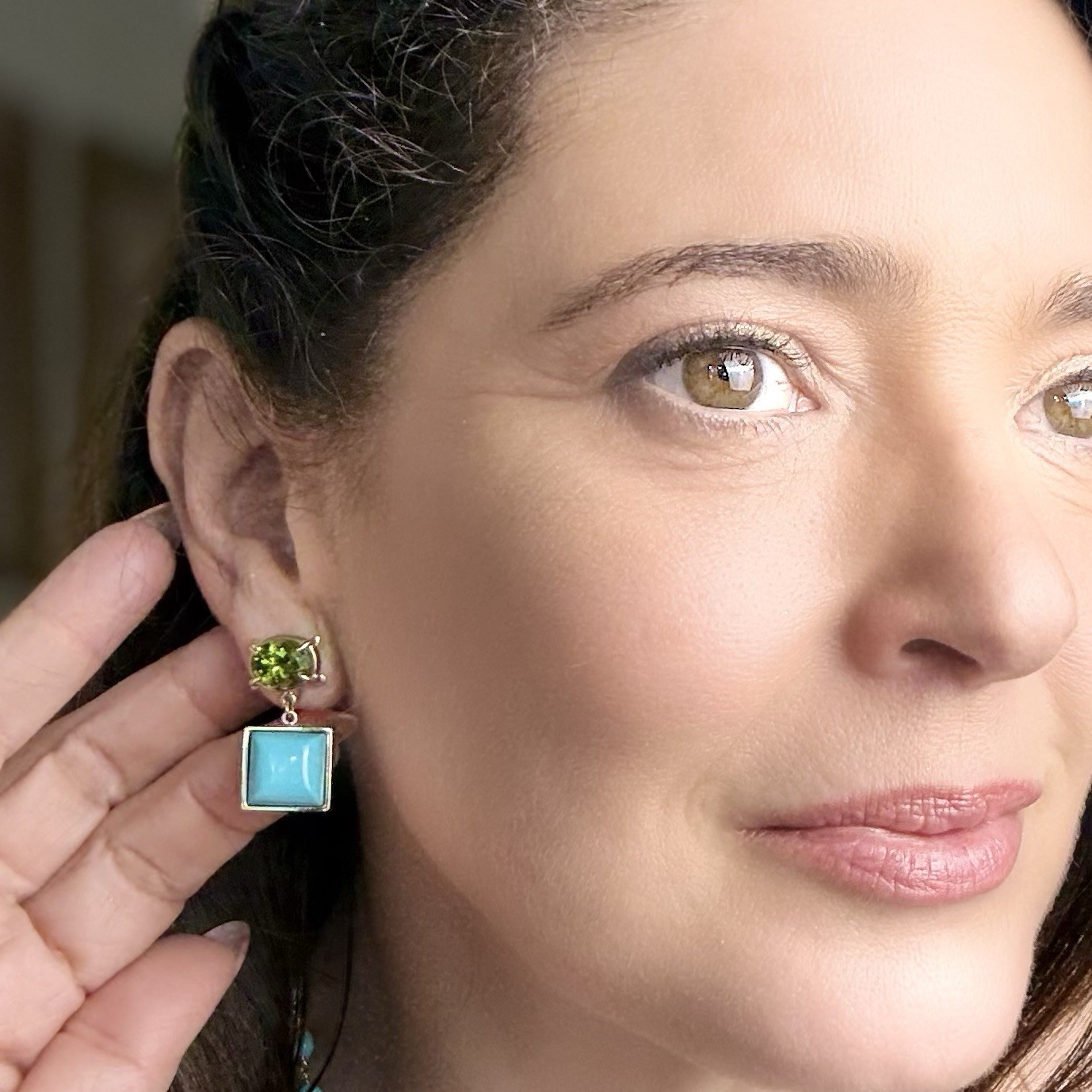 14k Yellow Gold Genuine Peridot & American Turquoise Statement Earrings, New - Picture 5 of 12