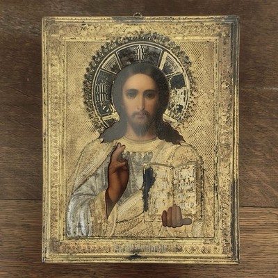 Antike russische Ikone, Christus Pantokrator, Russland, 19 Jh. 22,5 x 18 cm