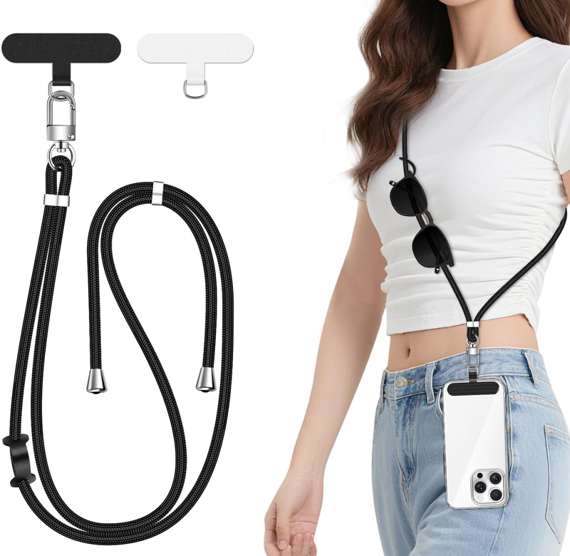 Ivoler Crossbody Phone Lanyard Adjustable Neck Strap with Secure Patch Holder, Compatible with Most Smartphones – Durable, Hands-Free, Anti-Theft, Multifunctional with Earbud/Glasses Hook – Black