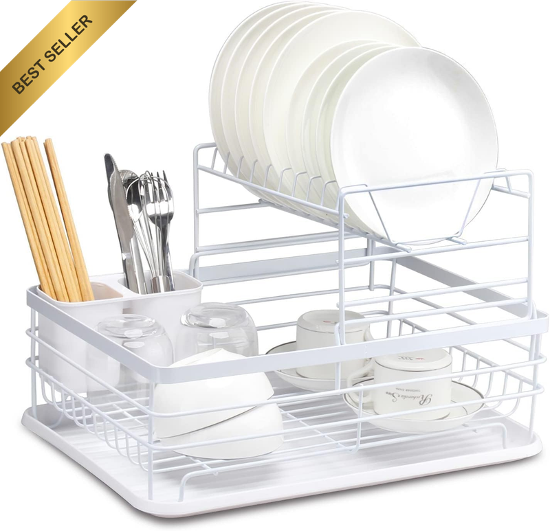 2-Tier Dish Drying Rack for Kitchen Counter – Metal Dish Drainer with Removable