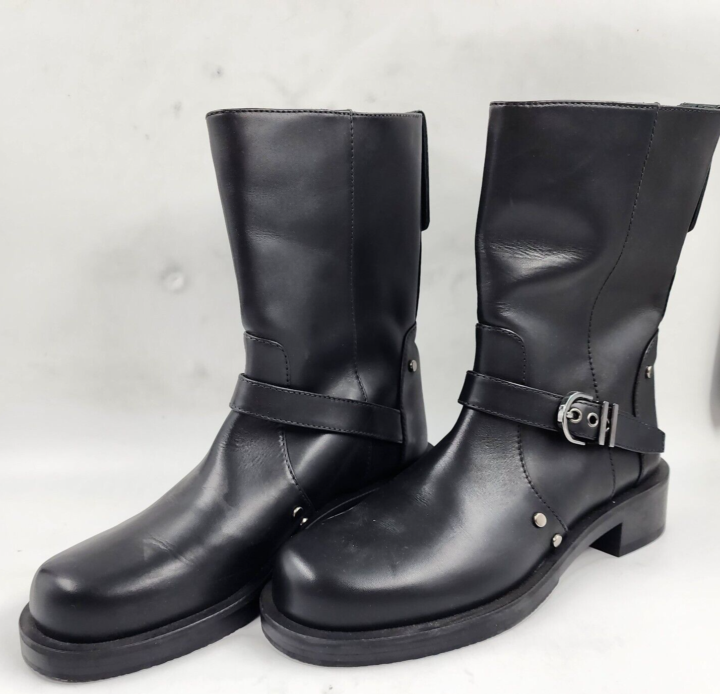 STUART WEITZMAN Studded Round Toe Boots Women's 6B Black Buckled Block Heels - Picture 1 of 16