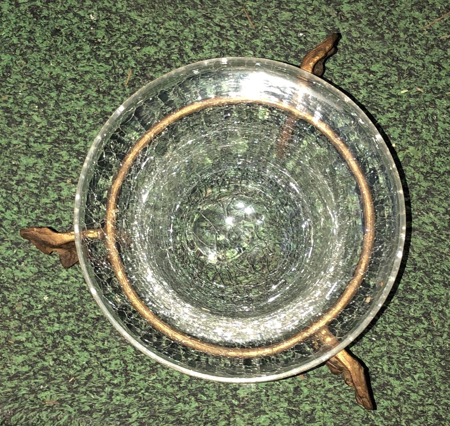 Vintage Large Crackle Glass Bowl w/ Brass 3-Sided Leaf Stand Exquisite!