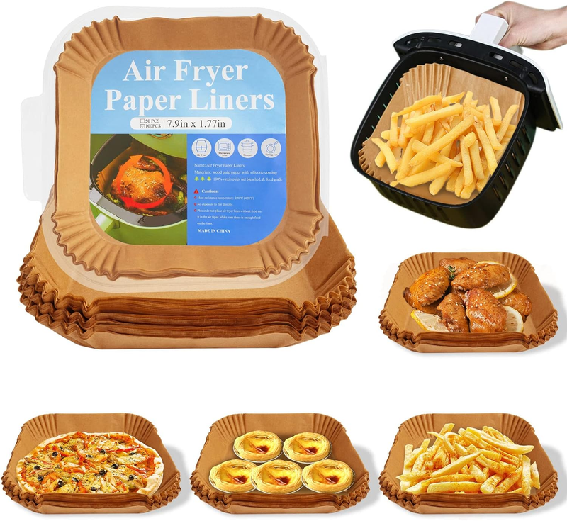 Air Fryer Disposable Square Paper Liner 100 Pcs 7.9 Inch Non-Stick Oil-Proof Par