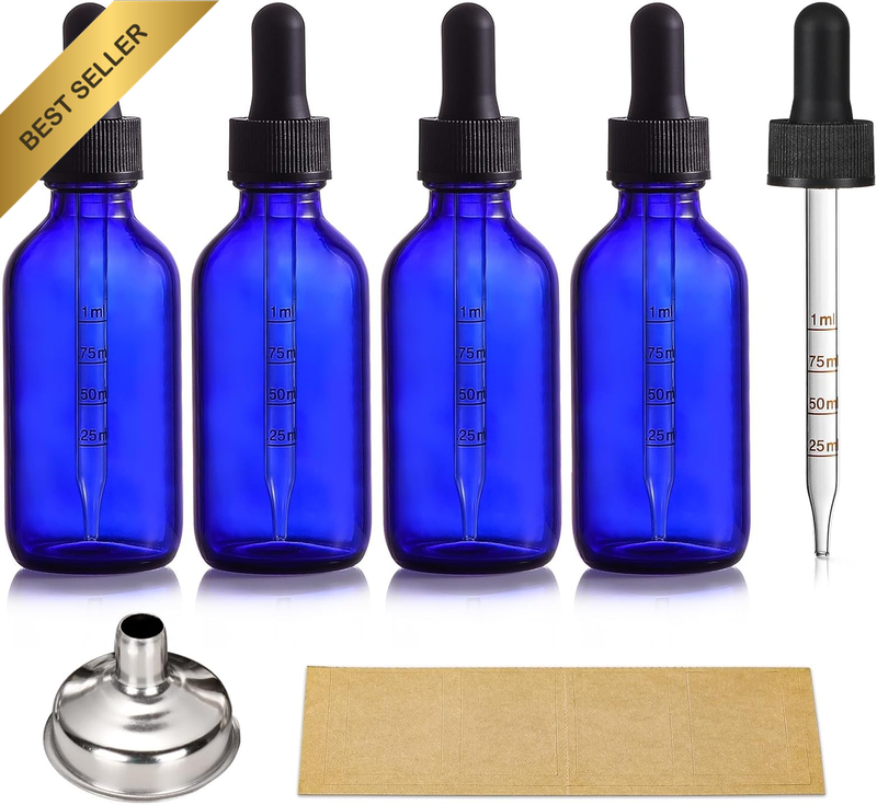 4 Pack 2 Oz Glass Dropper Bottles with Measured Dropper - 60Ml Dark Blue Tinctur