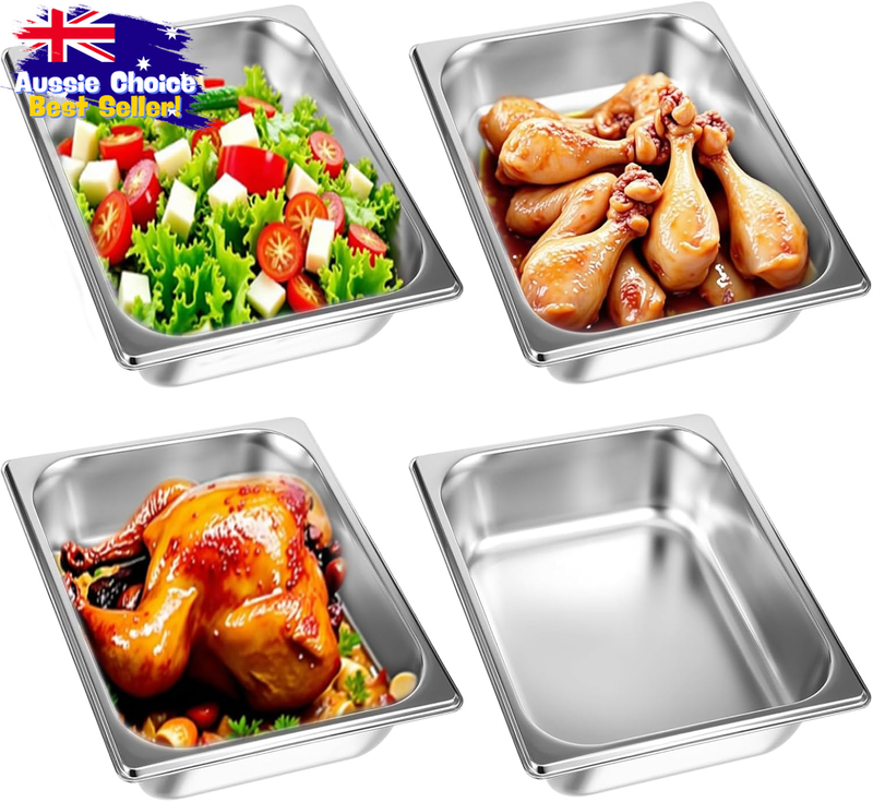 4 Pack 1/2 Size Stainless Steel Hotel Pans 2.5" Deep Anti-Jam Catering Buffet