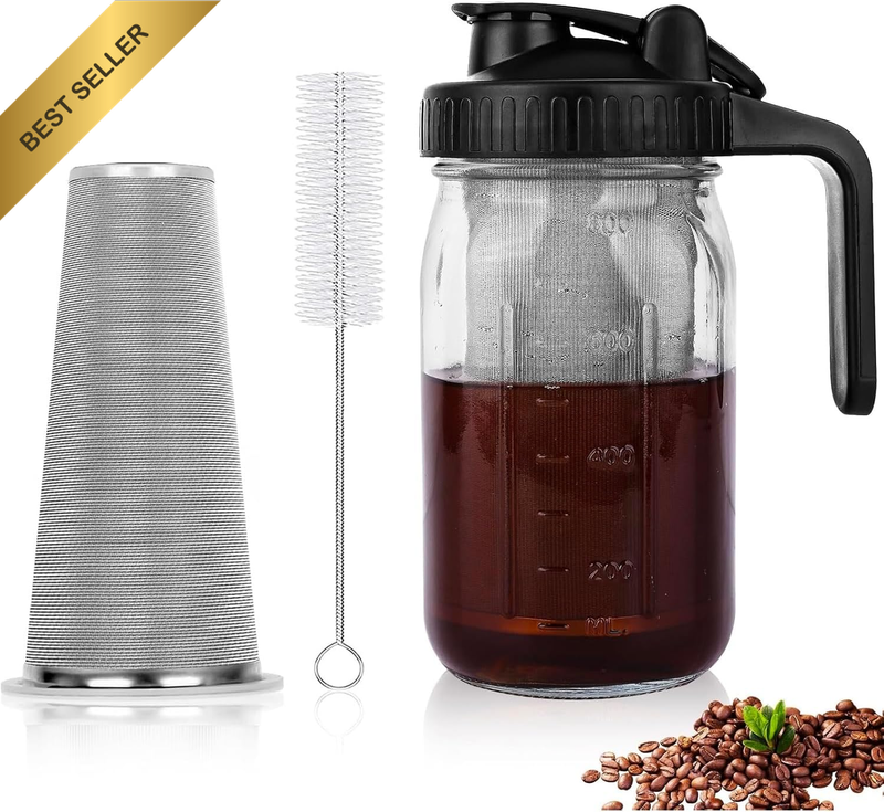 Cold Brew Coffee Maker,32 Oz Mason Jar Pitcher, Pour Spout Handle Lid,With Stain