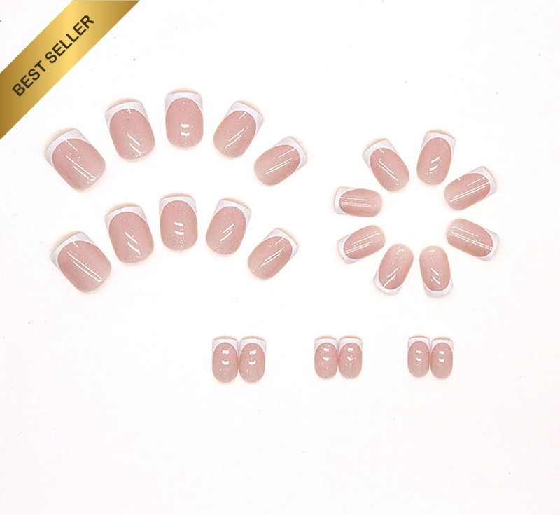 French Tip False Nails Short Square Press on Nails Nude Pink