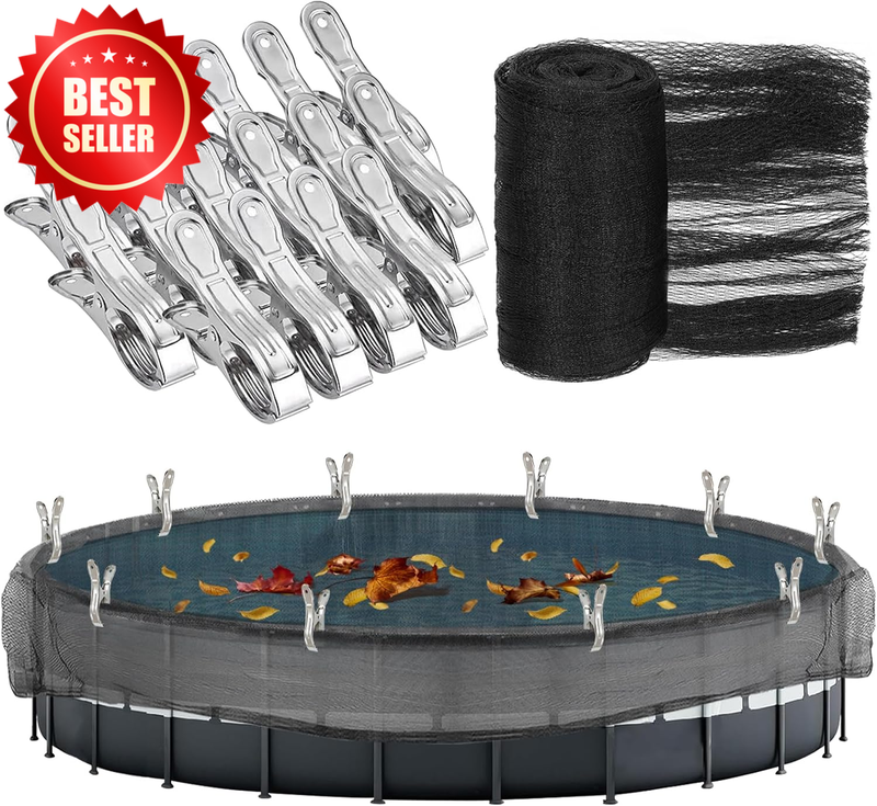 24 Ft Round Above Ground Pool Leaf Net Cover with 16 Large Metal Clips Black US