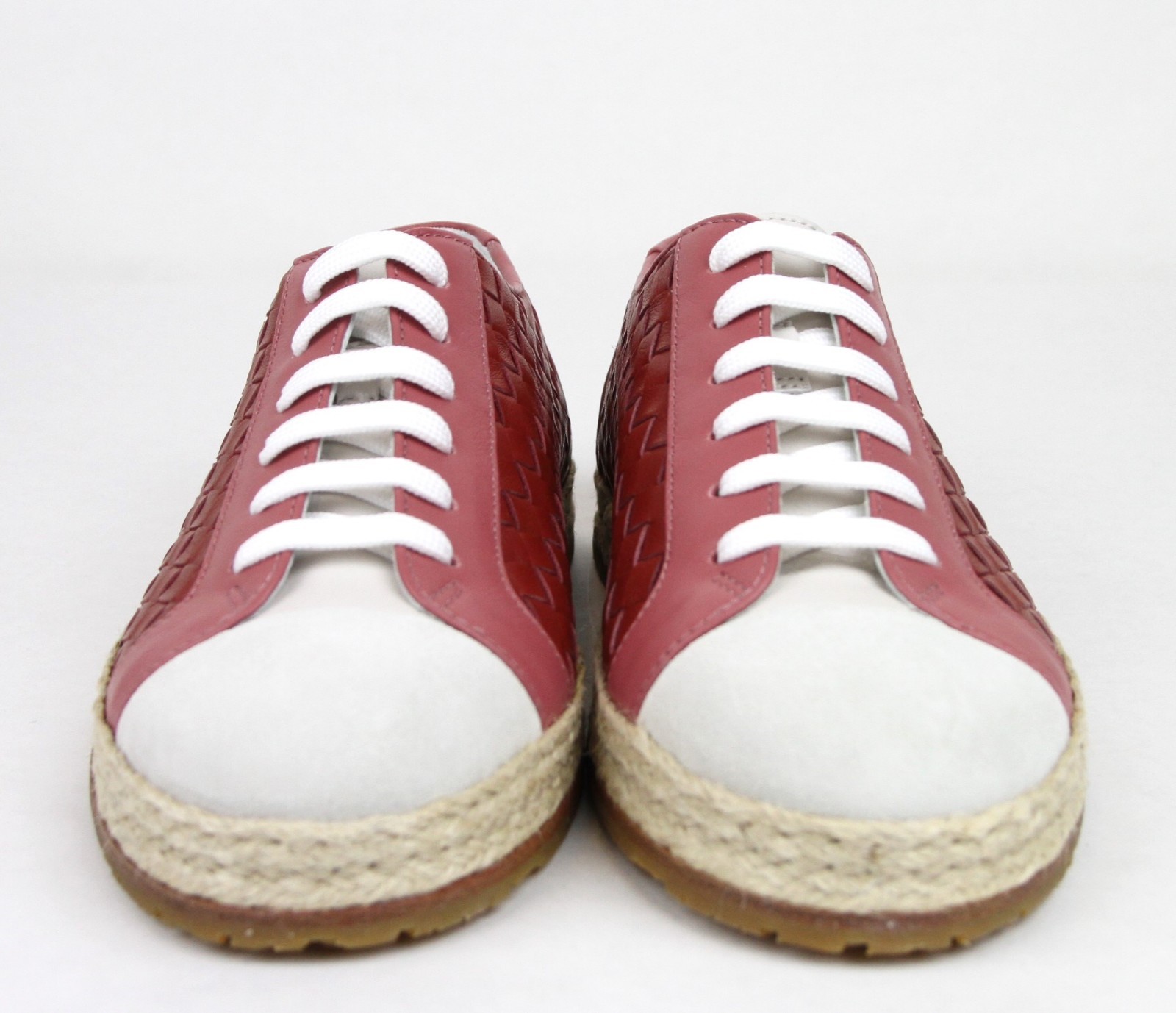 Pre-owned Bottega Veneta $680  Women's Pink/red Leather Woven Sneakers 451689 5768