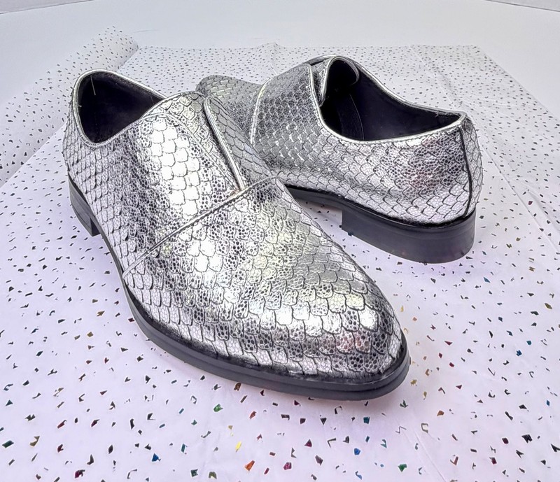 Men’s 7.5M Leather Upper Dress Shoes Black Silver Textured Metallic Formal Party