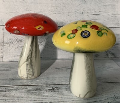 Millefiori 2-Red & Yellow Art Glass Mushrooms Hollow Stem Some Damage