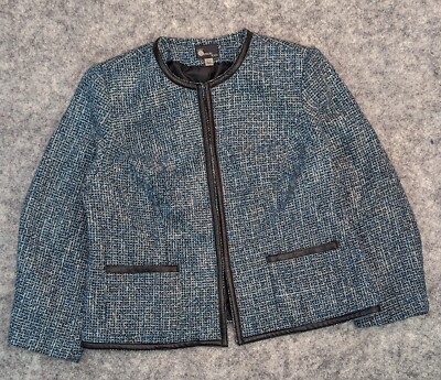 FIRST OPTION TOO Jacket Women 18/20 Blue Tweed Faux Leather Trim Day to Evening