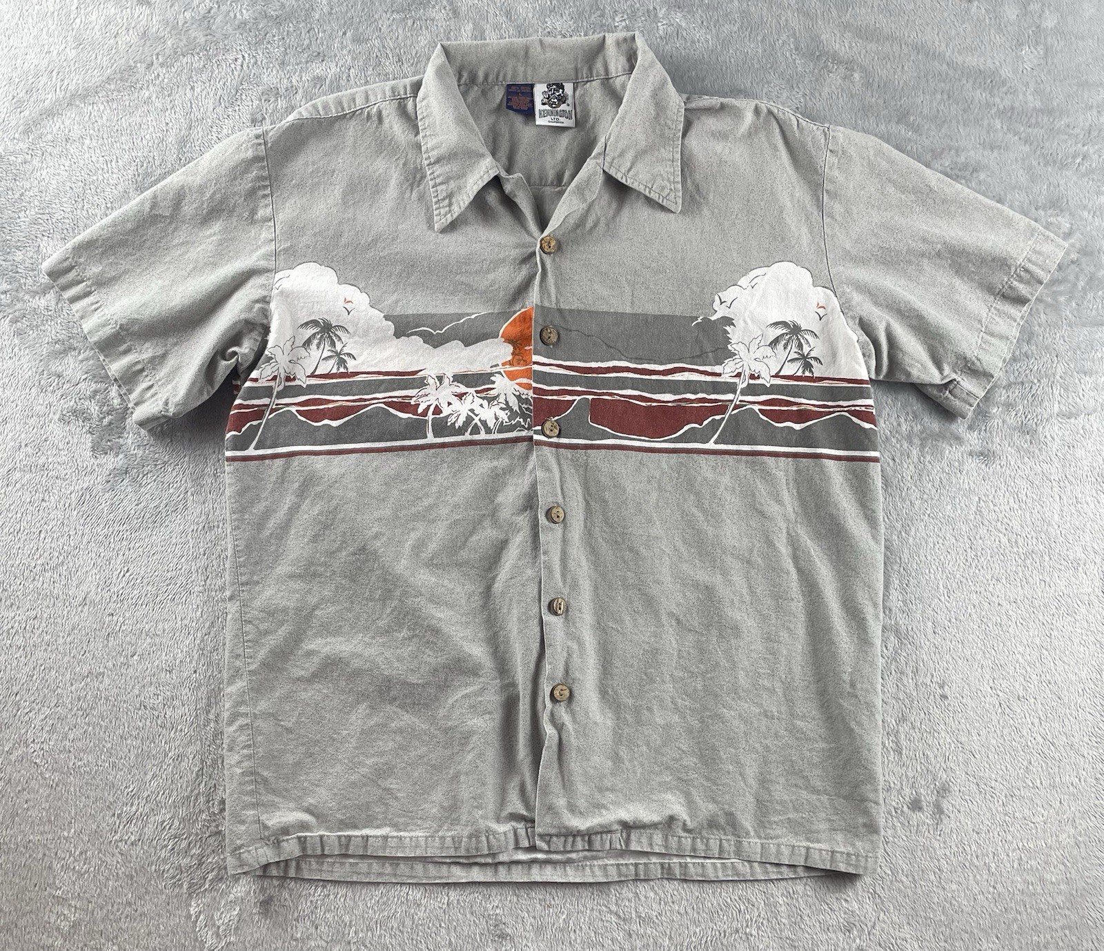 Vintage Kennington Hawaiian Shirt Mens Large Gray Tropical Beach Surfing