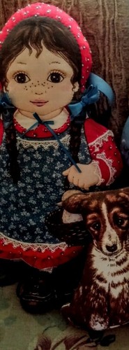 Girl Pillow Dolls, stuffed, sewn, embroidered, City Girl & Country Cousin w Dog