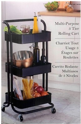3 Tier Multi Purpose Rolling Cart Black Sturdy Metal Construction Swivel Casters