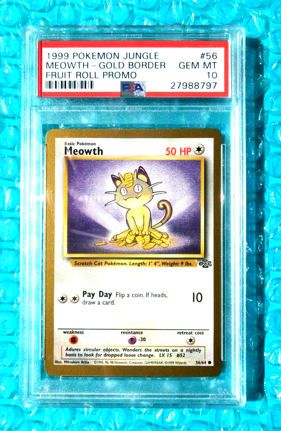 1999 Pokemon Jungle MEOWTH Gold Border Fruit Roll-Up Promo 1999 Pokemon Jungle MEOWTH Gold Border Fruit Roll-Up Promo