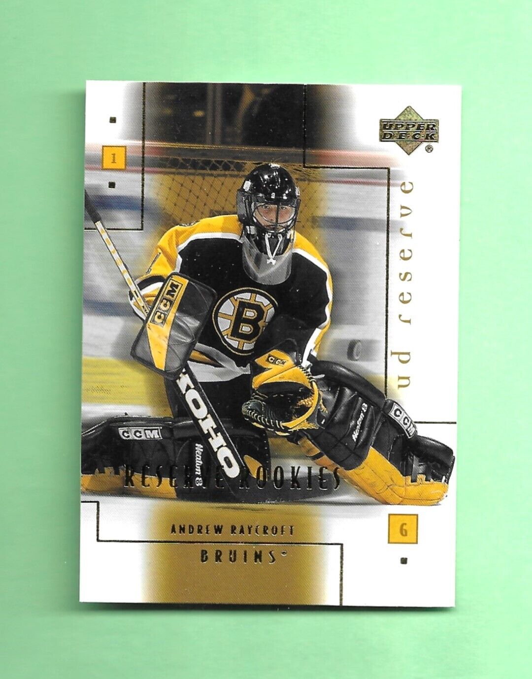 2000-01 UD RESERVE ROOKIE RC Card # 89 ANDREW RAYCROFT BOSTON BRUINS EXCEPTIONAL. rookie card picture