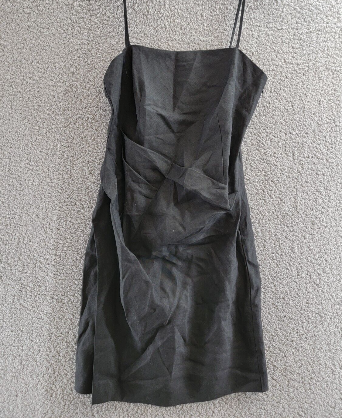 Pre-owned Theory Linen Side Pleat Mini Dress Womens 8 Black Straight Neck Side Zip Closure