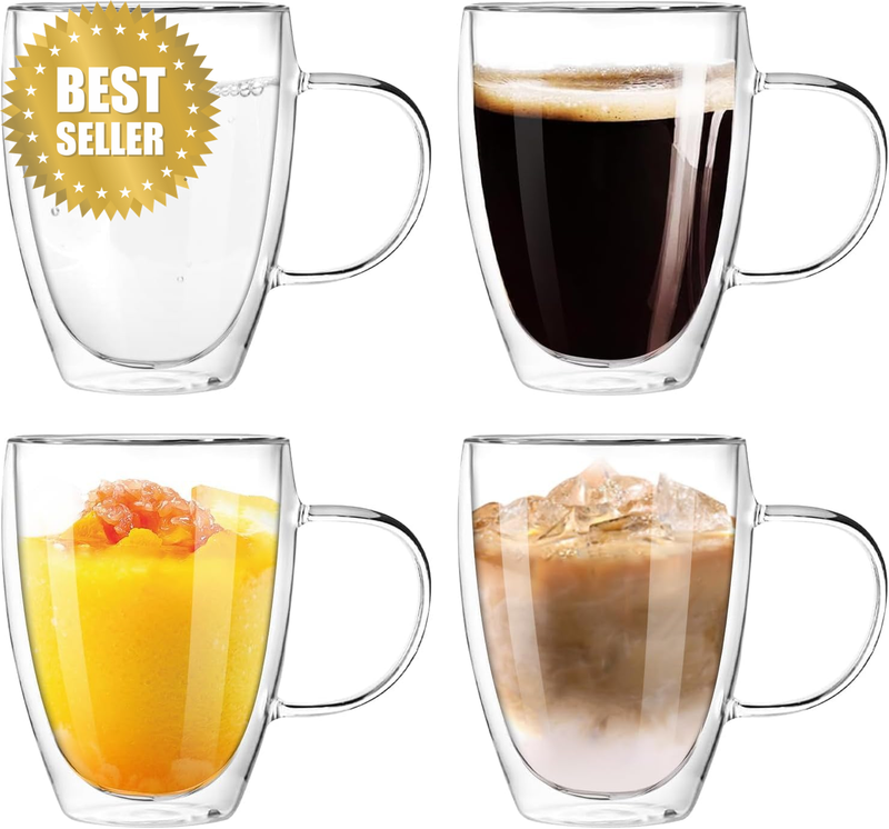 Glass Coffee Mugs 350Ml Double Wall Insulated Mug Set with Handle,Clear Glass Es