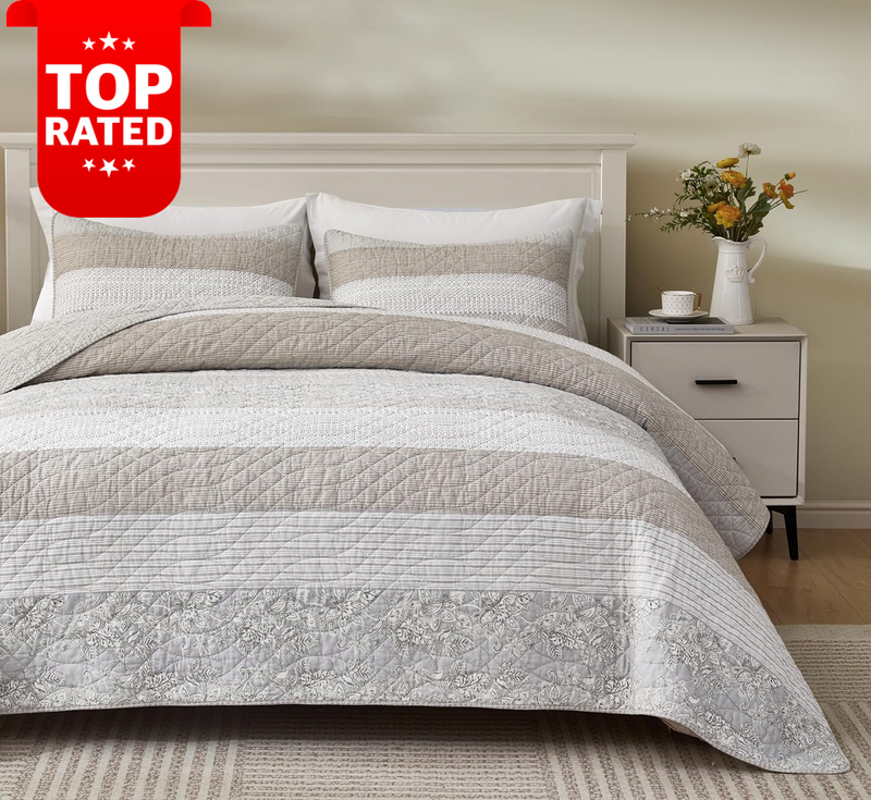 Robyn Twin Quilt Set 2-Piece Floral Patchwork Gray White Lightweight Coverlet
