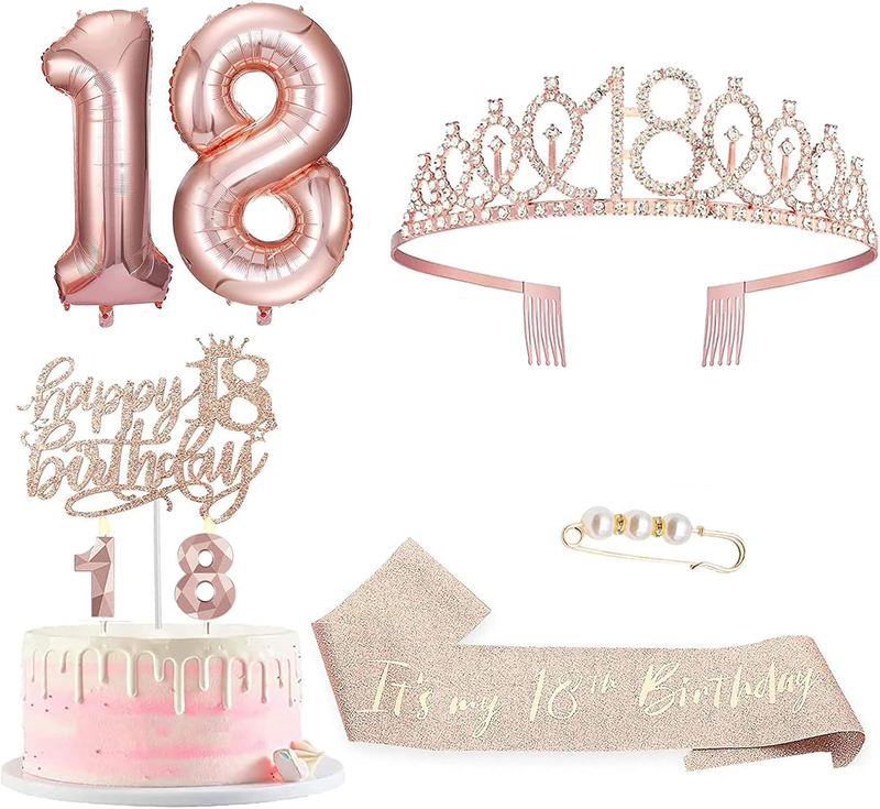 18Th Birthday Decorations for Her, Rose Gold Tiara Crown Sash Cake Topper Candle