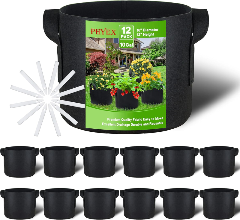 12-Pack 10 Gallon Grow Bags, Heavy Duty Fabric Pots with Handles