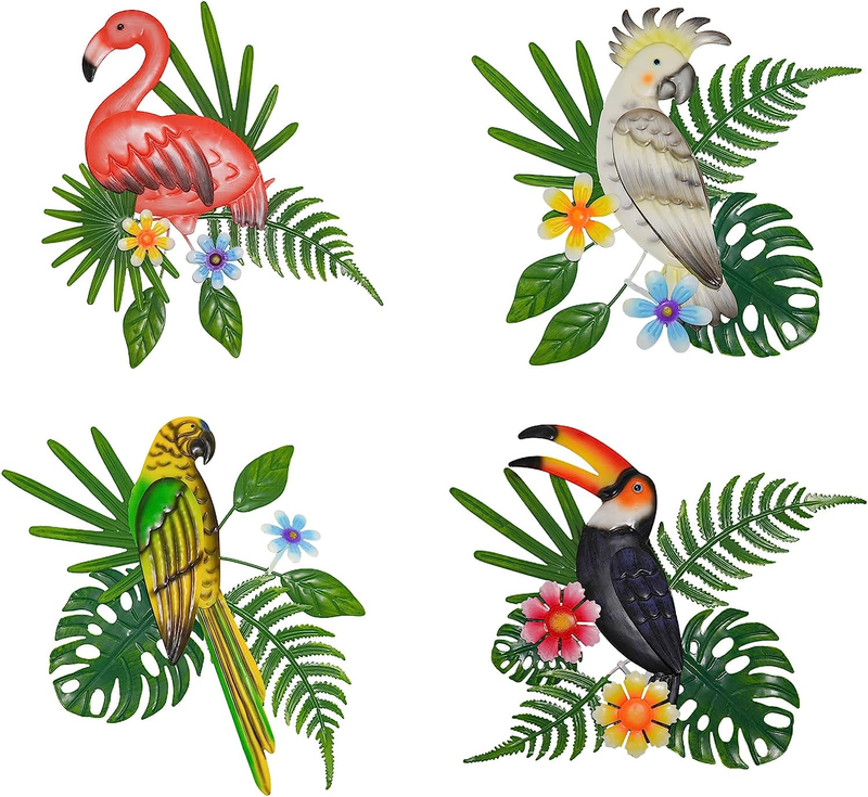 4 Packs Metal Bird Wall Decor, Flamingo Parrot Wall Art with Green Plants, Metal