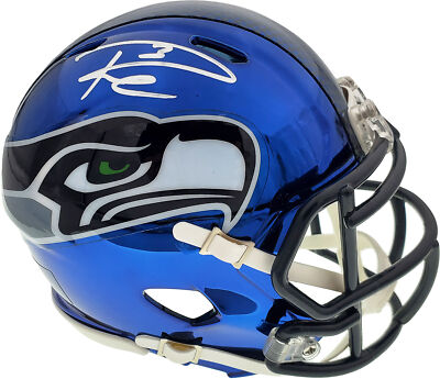 RUSSELL WILSON AUTOGRAPHED SEAHAWKS BLUE CHROME MINI HELMET SILVER RW 145842