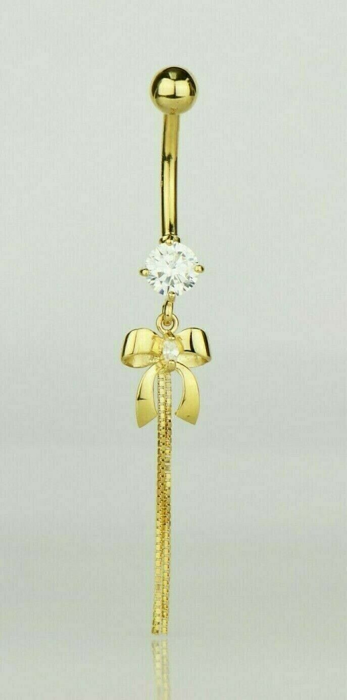 Metals:14K Yellow Gold:Solid 14k Yellow or White Gold Belly Button Navel CZ Bow Tie Barbell Bar Ring