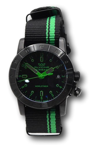 Pre-owned Glycine Airman Worldtimer Men's 42mm Swiss Made Quartz Double Black Watch Gl1041