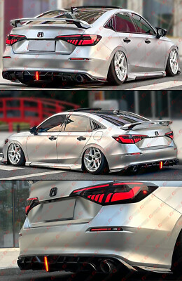 FOR 22-25 HONDA CIVIC SEDAN GF BODYKIT GLOSS BLACK LED REAR BUMPER DIFFUSER KIT