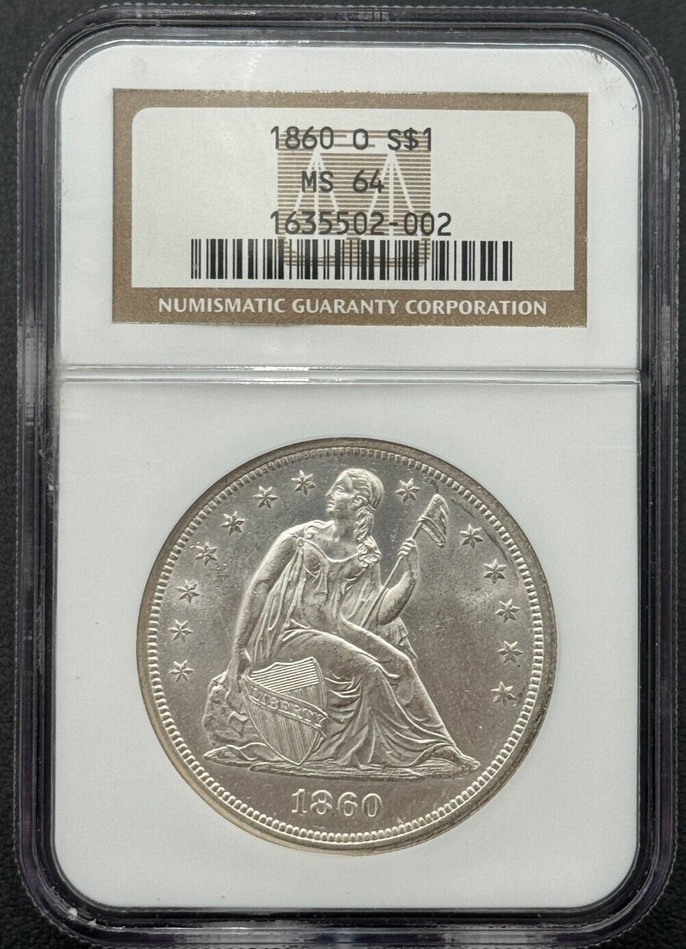 1860 O Seated Liberty Silver Dollar, NGC MS 64, High Grade Dollar