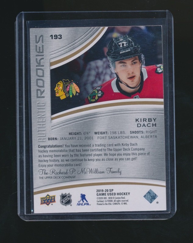 KIRBY DACH 2019-20 UPPER DECK SP GAME USED RC JERSEY
