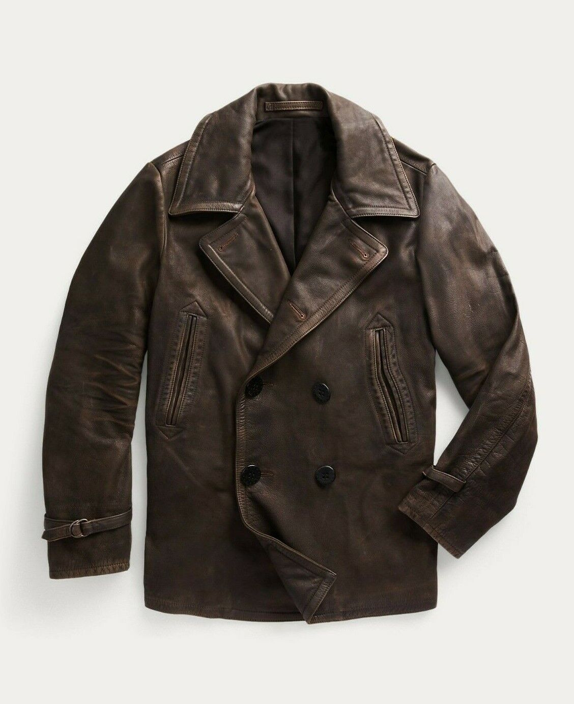 New RRL Ralph Lauren Leather Brown/Gray Peacoat Jacket Coat New RRL Ralph Lauren Leather Brown/Gray Peacoat Jacket Coat