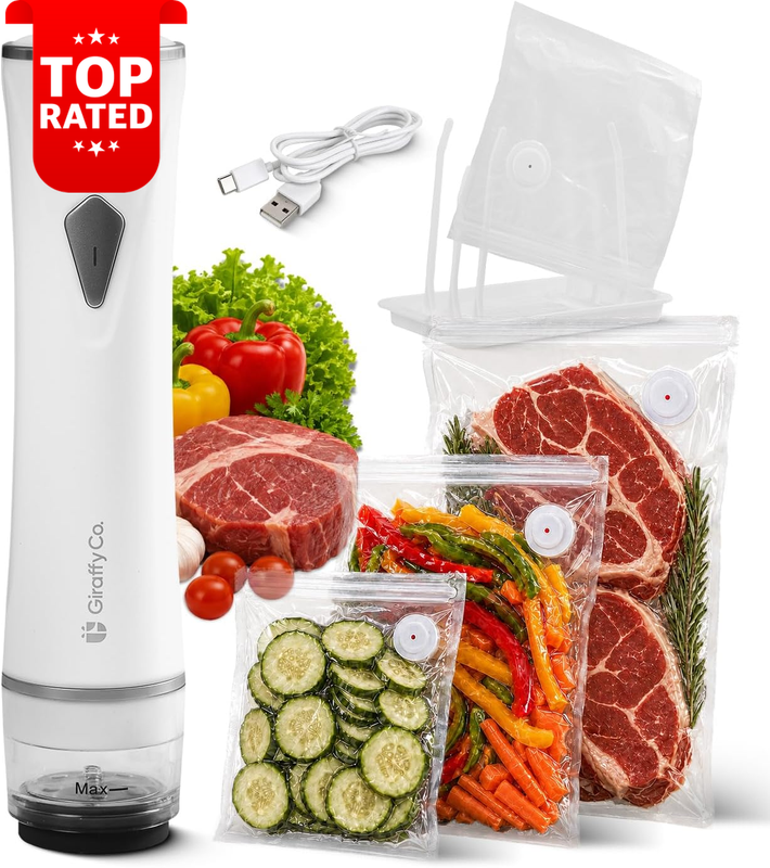 GIRAFFYCO Compact Handheld Vacuum Sealer Set 30 Reusable Storage Bags
